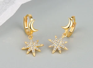 Gold Moon Star Ray Pave Cubic Zirconia Hoop Dangle Drop Earrings - Picture 1 of 3