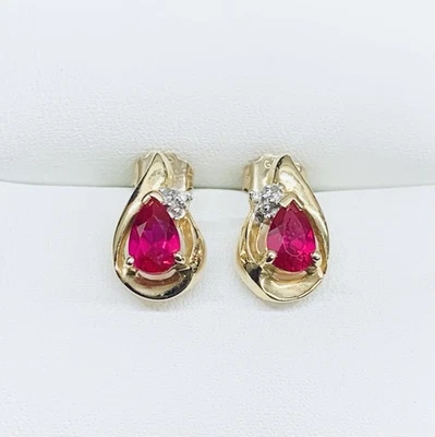 THL 10k Yellow Gold Pear Cut Lab Created Ruby & Diamond Teardrop Stud Earrings  - Image 1 of 4