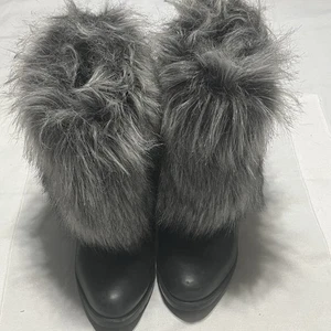 Sorel Park City Lux Leather Boot Women’s 11 Black Grey Faux Fur Waterproof Wedge - Picture 1 of 7