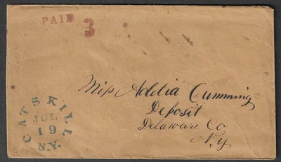 Catskill NY 1850's stampless cover, BLUE town postmark with RED rate marks - Image 1 of 3