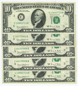 FR #2021C $10 1969C Five Federal Reserve Notes Philadelphia Crisp DC-6206 - Picture 1 of 3