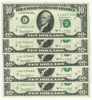 FR #2021C $10 1969C Five Federal Reserve Notes Philadelphia Crisp DC-6206 - Image 1 of 3