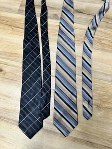 DKNY Lot of 2 Men's Tie Striped and Plaid Black Blue Tan 100% Silk - Picture 1 of 6
