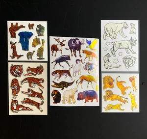 5 TIGER BIG CAT LION JUNGLE ANIMALS LARGE VINTAGE stickers prism prismatic foil - Picture 1 of 8