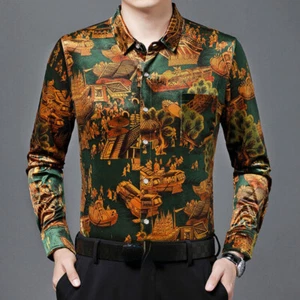 Hombres Retro Blusa Prendas para el torso Camisa Floral Informal Disco Estampado Pleuche Manga Larga - Imagen 1 de 9