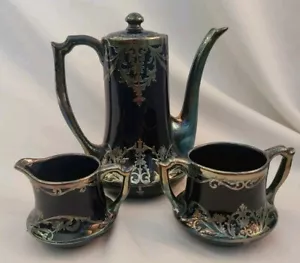 Vtg Deco Lenox Cobalt Blue/Silver Overlay 4 Piece Coffee Pot Set Green CAC Mark - Picture 1 of 22