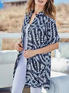 TALLAS 12-18 Mujer Cellbes Azul Marino Floral Manga Corta Línea Larga Camisa Blusa - Imagen 1 de 4