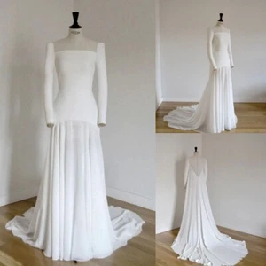 Meimaid Wedding Dresses Square Neck Long Sleeves Chiffon Beach Bridal Gowns - Picture 1 of 12