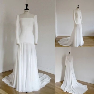 Meimaid Wedding Dresses Square Neck Long Sleeves Chiffon Beach Bridal Gowns - Image 1 of 4