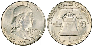 1949 FRANKLIN SILVER HALF DOLLAR - NICE WHITE XF/AU ABOUT UNCIRCULATED IN FLIP! - Picture 1 of 1