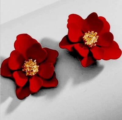 ANTHROPOLOGIE 3D FLORAL POST STUD EARRINGS  MATTE FINISH Red 73-22 - Image 1 of 3