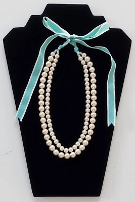 Lady CHUNKY FAUX PEARL 2 STRANDS NECKLACE 17" + 14" Blue/White Ribbon closure - Image 1 of 2