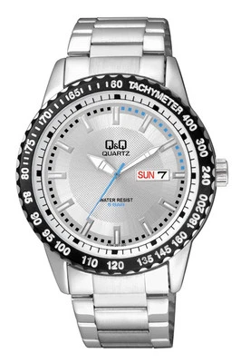 Reloj para hombre Q&Q by Citizen A194-201Y banda tono plata bisel taquímetro día/fecha  Foto 1 de 2