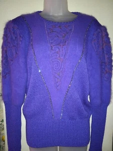 Vintage 80s Eugenia Purple Angora Embellished Rhinestone Lace Knit Sweater EUC L - Picture 1 of 9