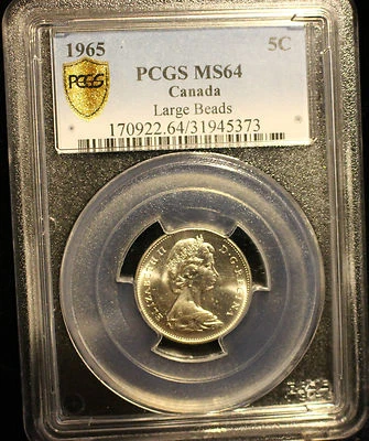 1965  Large Bead (DJ)**,PCGS Graded Canadian,  Nickel 5 Cent, **MS-64** #5373 - Image 1 of 2