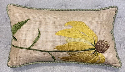 Embroidered Black Eyed Susan Daisy pillow burlap green check down filled 18 X 11 - Image 1 of 4