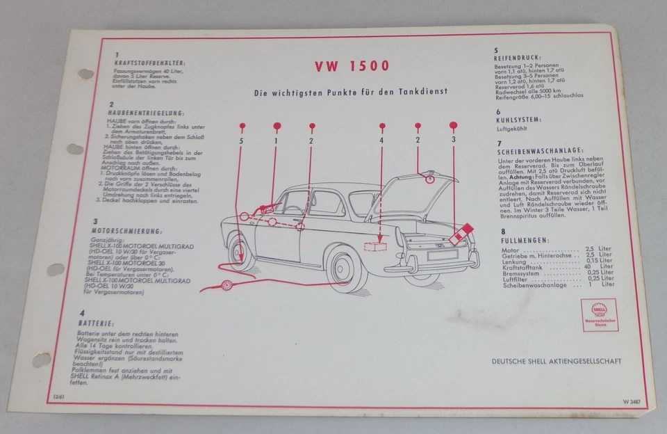 Plan De Engrase Shell Para VW 1500 Tipo 3 Fecha 12/1961 - Imagen 1 de 1