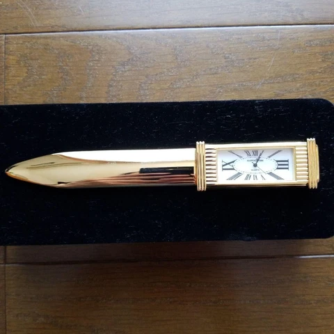 Mappin & Webb Paper Knife Type Clock Analog Gold Color Interior w/Manual & Box Cover