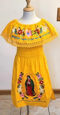 Virgen de Guadalupe Yellow 8 Embroidery Mexican Girl Dress/Our Lady of Guadalupe - Image 1 of 3