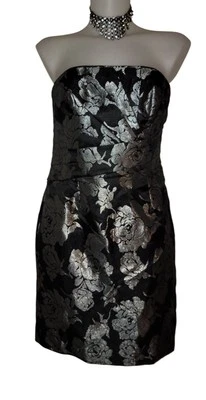 Y2k Womens Black Metallic Floral Strapless Coquette Grunge Goth Prom Dress Sz 2 - Image 1 of 4