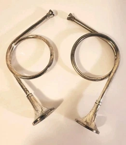 French Brass Horn Miniture Silver Plate Over Brass Home Decor Vintage Set Of 2 - Picture 1 of 8