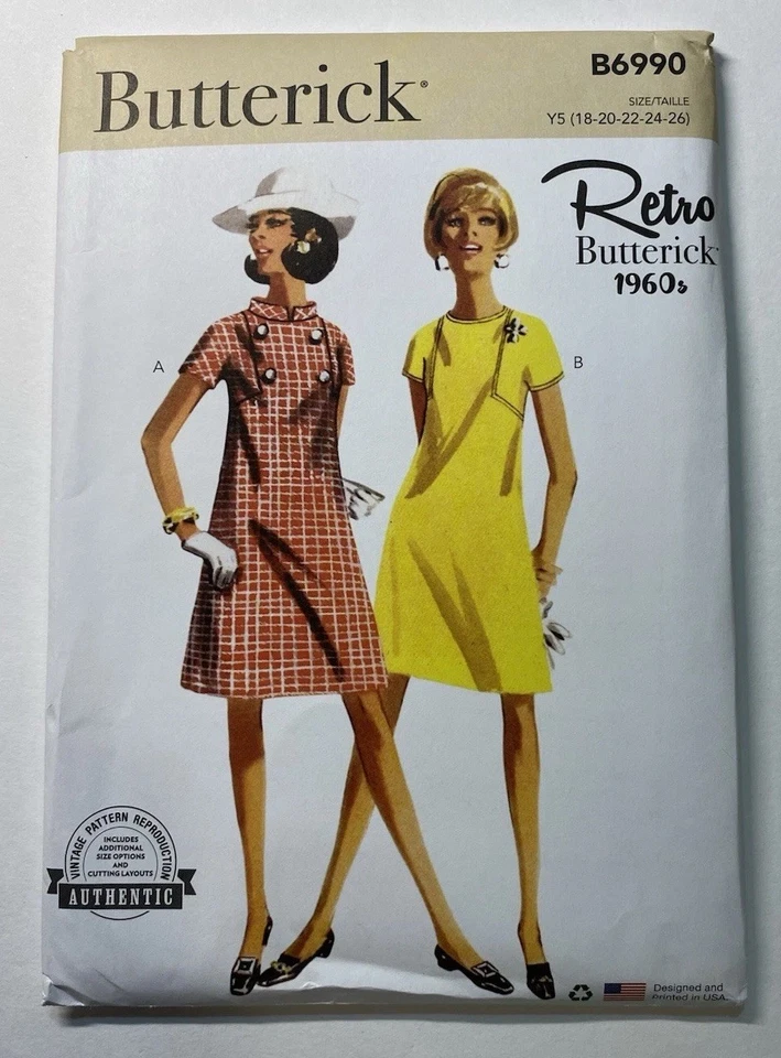 2024 Retro 60s Butterick Pattern B6990 Misses' One Piece Dress Sz 18-26 Uncut