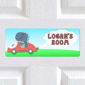 Personalised Any Name METAL Dinosaur Racer Boys Bedroom Door Sign Plaque. Kids - Picture 1 of 4