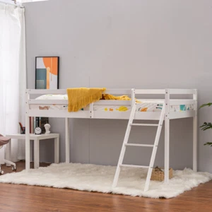 White Kid Bunk Bed Mid Sleeper with Ladder 3FT Single Bed Frame Wooden Cabin Bed - Picture 1 of 5