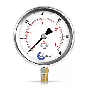 4" Pressure Gauge, Stainless Steel Case, Liquid Filled, Lower Mnt 60 PSI - Picture 1 of 6