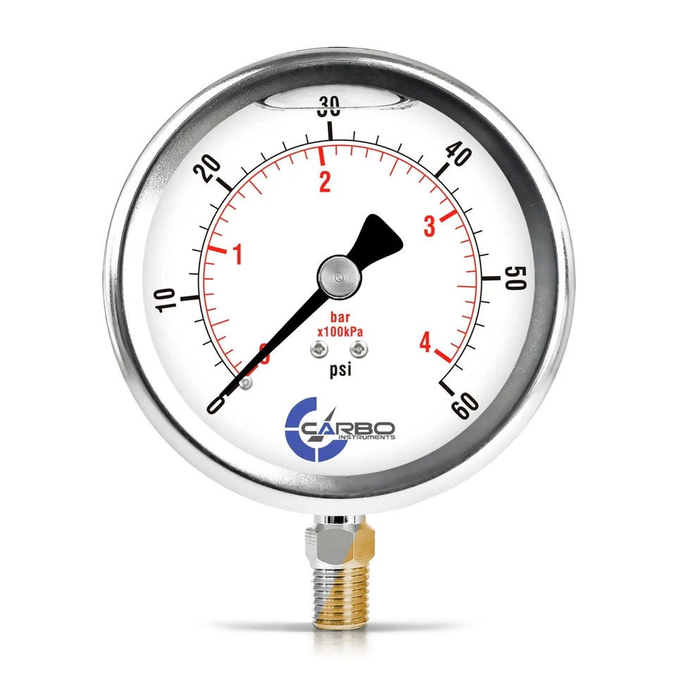 4" Pressure Gauge, Stainless Steel Case, Liquid Filled, Lower Mnt 60 PSI - Image 1 of 4