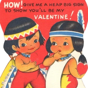 c.1950 Native American Indian Boy Girl VTG Valentine Card Hearts Heap Big Sign - Picture 1 of 3