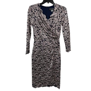 Jessica Howard Lace Cocktail Dress Womens 4P 4 Petite Navy Blue Beige Sequin - Picture 1 of 10