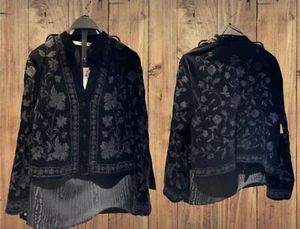 A204 ZARA BLACK VELVET STUNNING KIMONO EMBROIDERED JACKET COAT EXTRA SMALL - XS - Foto 1 di 14