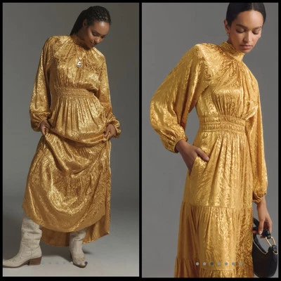 Anthropologie Somerset Maxi Dress Mock Neck XL Gold Satin Long Sleeve NWT - Image 1 of 4