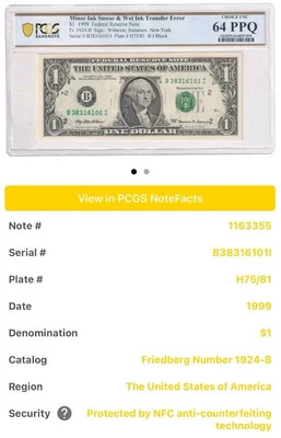 $1 1999 FRN Minor Ink Smear & Wet Ink Transfear Error 64 PCGS PPQ Choice UNC  - Image 1 of 4