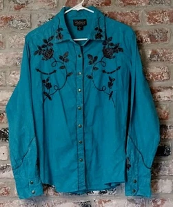 Women's Cattlelac Ranch Teal Embroidered Floral Roses Snap Western Shirt Lg - Picture 1 of 10