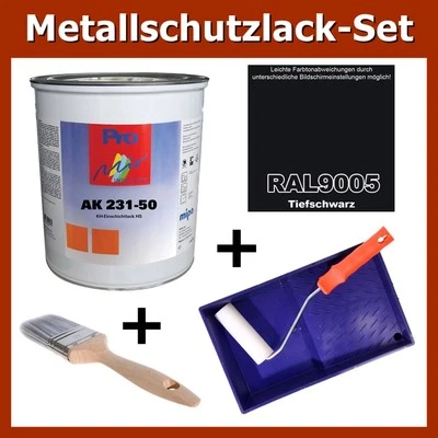 MARKENLOS Metallschutz Lack RAL 9005 TIEFSCHWARZ 1kg Rostschutz Schwarz + Pinsel Zubehör