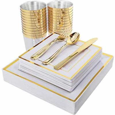 White/Gold Square Plates, Gold Plastic Silverware with Disposable Cups 150 Pcs - Image 1 of 4