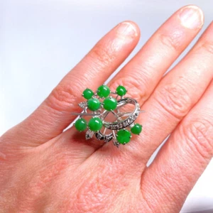 Untreated Green Jade Ring Jadeite Jade Diamond Ring Cluster 1950s Mid Century - Picture 1 of 10