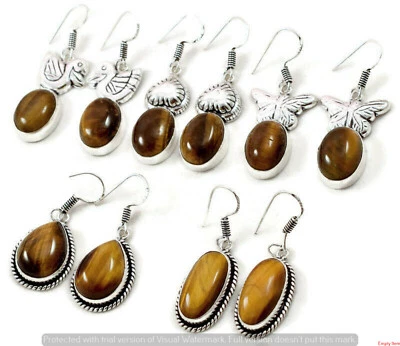 Lote de pendientes de gancho unisex con bisel enchapado en plata de ley 925 con piedras preciosas ojo de tigre Foto 1 de 3