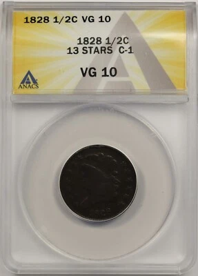 1828 1/2C ANACS VG 10 (13 Stars C-1) Classic Head Half Cent - Image 1 of 4