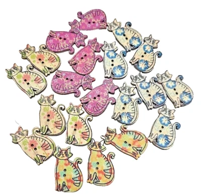 Lot Cats Buttons Wooden Arts & Crafts Sewing Notions Unique Shaped Two-Holed - Image 1 of 4