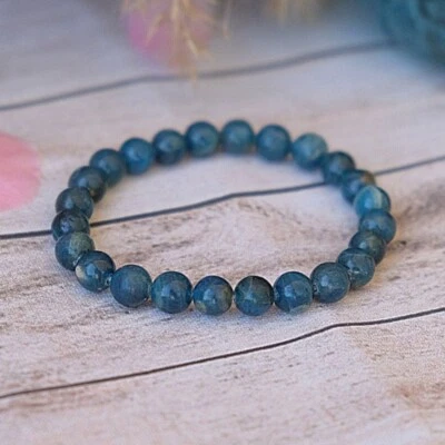 Natural 6mm Apatite Stone Beaded Bracelet Blue Stone Stretch Bracelet Handmade - Image 1 of 4