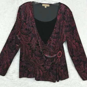 Notations Womens Top Blouse Velvet Glitter Paisley Red Floral Faux Wrap L - Picture 1 of 11