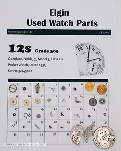 Piezas de reloj usado Elgin, 12/12s, grado 303, modelo 3, clase 114 ser no 32745402 - Imagen 1 de 1