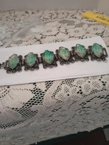 SELTENES Armband aus den 1950er Jahren Elizabeth Morrey geätzt Kunst Glas Marquise klobiges Glied 7 - Bild 1 von 20