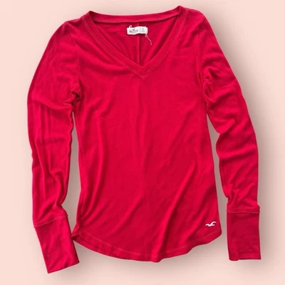 Y2K Vtg Hollister Red Long Sleeve Shirt Small V-Neck Fitted Top Slim Fit 2000s Q - Image 1 of 4