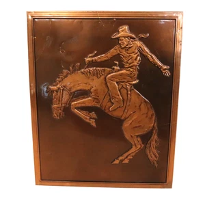 Vintage 3D Kupfer Relief Cowboy auf Bucking Bronco Pferd Rodeo Wandbild 11 x 13,5 - Bild 1 von 6