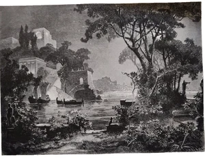 Antique Print Engraving 1877 Italy Scenery Summer Night at Posilippo - Picture 1 of 3
