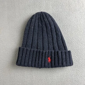 POLO Ralph Lauren Navy Blue Red Pony Beanie Kids Wool Blend Fisherman Ribbed - Picture 1 of 5